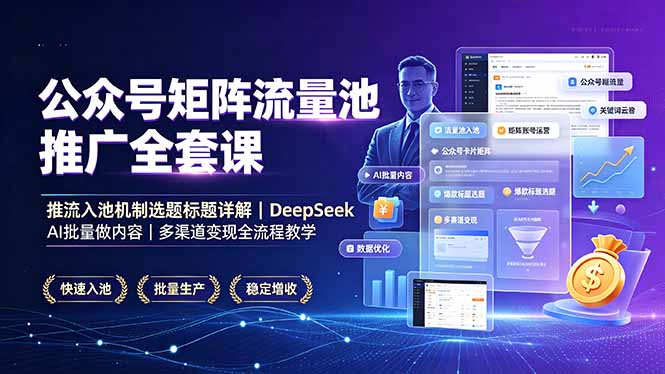 公众号矩阵流量池推广全套课,推流入池机制选题标题详解,DeepSeek AI批量做内容,多渠道变现全流程教学-休闲学社