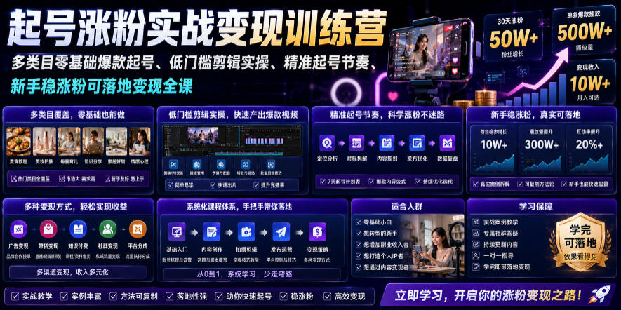 苗子起号涨粉实战变现训练营，多类目零基础爆款起号、精准起号节奏、新手稳涨粉可落地变现全课-休闲学社