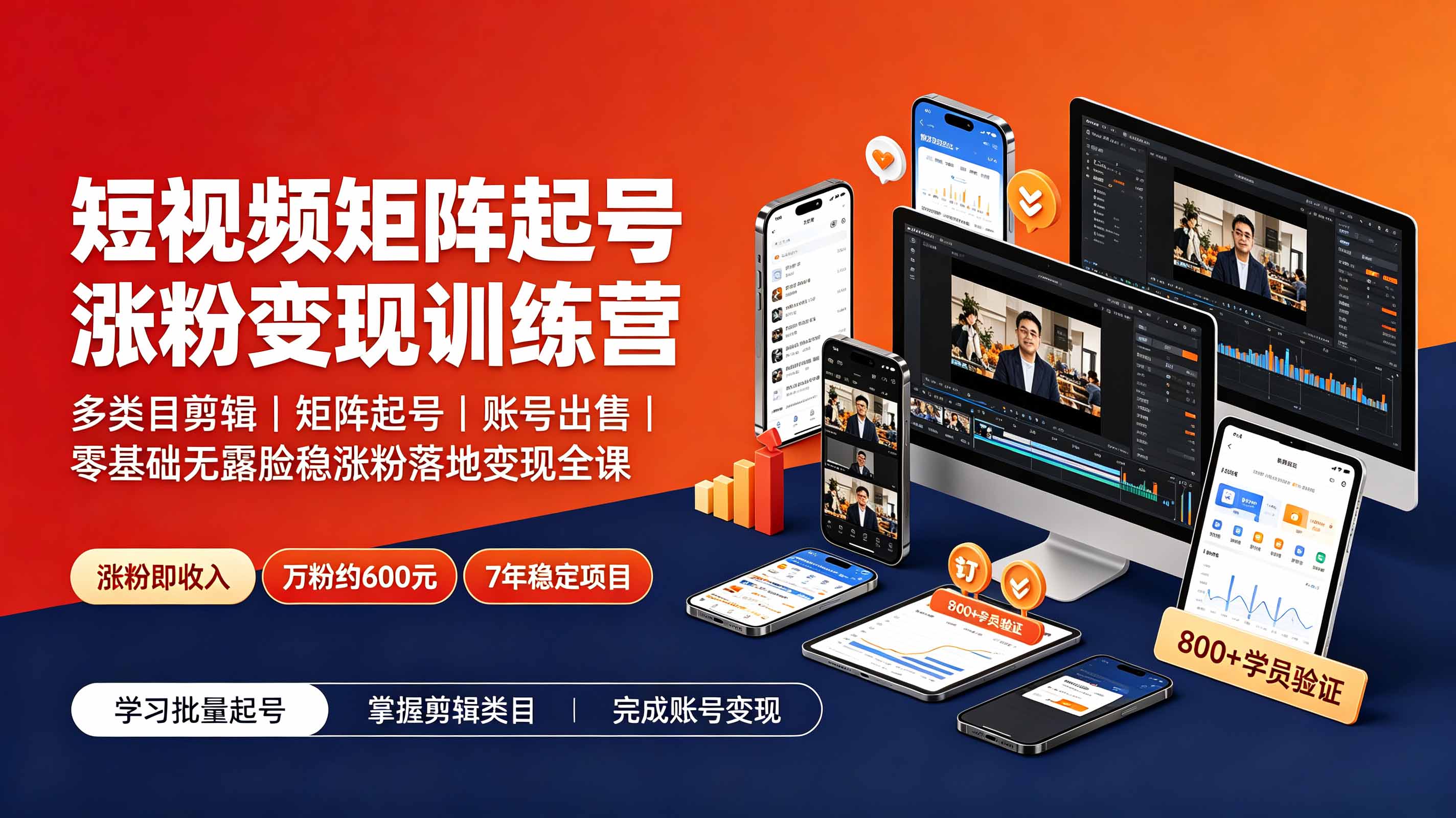短视频矩阵起号涨粉变现训练营｜多类目剪辑·矩阵起号·账号出售，零基础无露脸稳涨粉落地变现全课-休闲学社