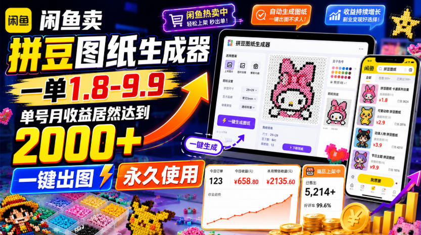 闲鱼卖拼豆图纸生成器，一单1.8-9.9，单号月收益居然达到2000+一键出图永久使用-休闲学社