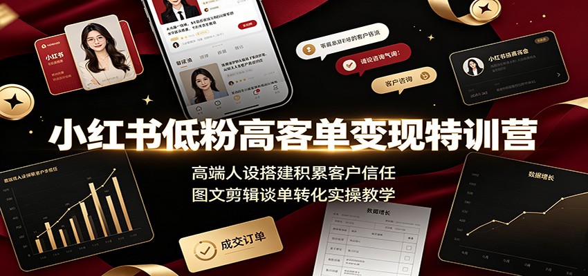 小红书低粉高客单变现特训营：高端人设搭建积累客户信任，图文剪辑谈单转化实操教学-休闲学社