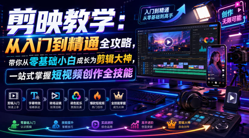 剪映教学：从入门到精通全攻略，带你从零基础小白成长为剪辑大神，一站式掌握短视频创作全技能-休闲学社