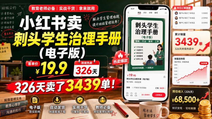 小红书卖刺头学生治理手册(电子版)，客单价19.9，326天卖了3439单！-休闲学社