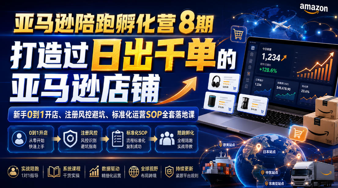 亚马逊陪跑孵化营8期，打造过日出千单的亚马逊店铺，新手0到1开店、注册风控避坑、标准化运营SOP全套落地课-休闲学社