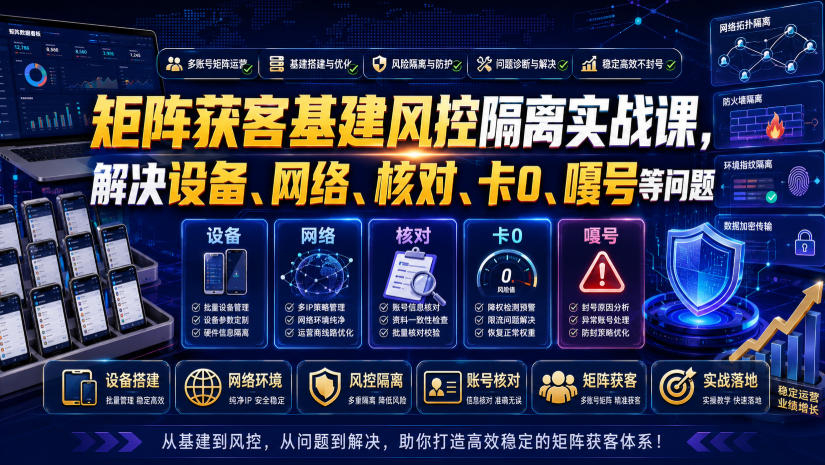 矩阵获客基建风控隔离实战课，解决设备、网络、核对、卡0、嘎号等问题-休闲学社
