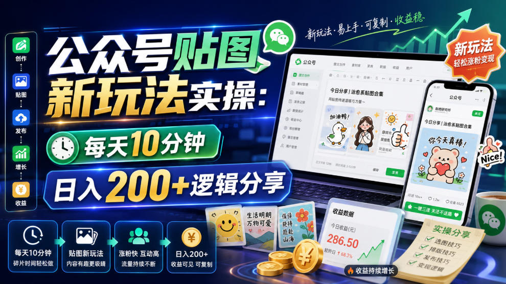 公众号贴图新玩法实操，每天10分钟，日入200+逻辑分享-休闲学社