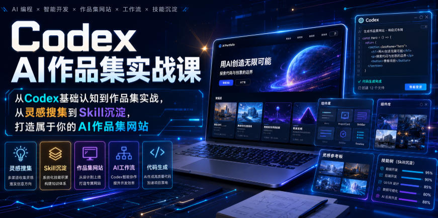 Codex AI作品集实战课,从Codex基础认知到作品集实战,从灵感搜集到Skill沉淀,打造属于你的AI作品集网站 - 图片1