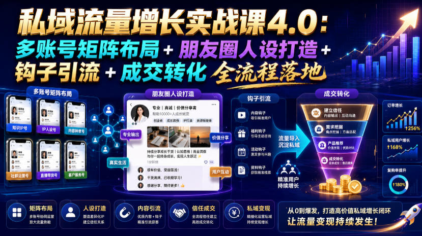 私域流量增长实战课：多账号矩阵+朋友圈人设+钩子引流全流程落地