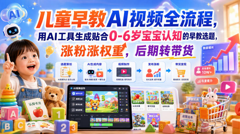 儿童早教AI视频全流程，用AI工具生成贴合0-6岁宝宝认知的早教选题，涨粉涨权重，后期转带货-休闲学社