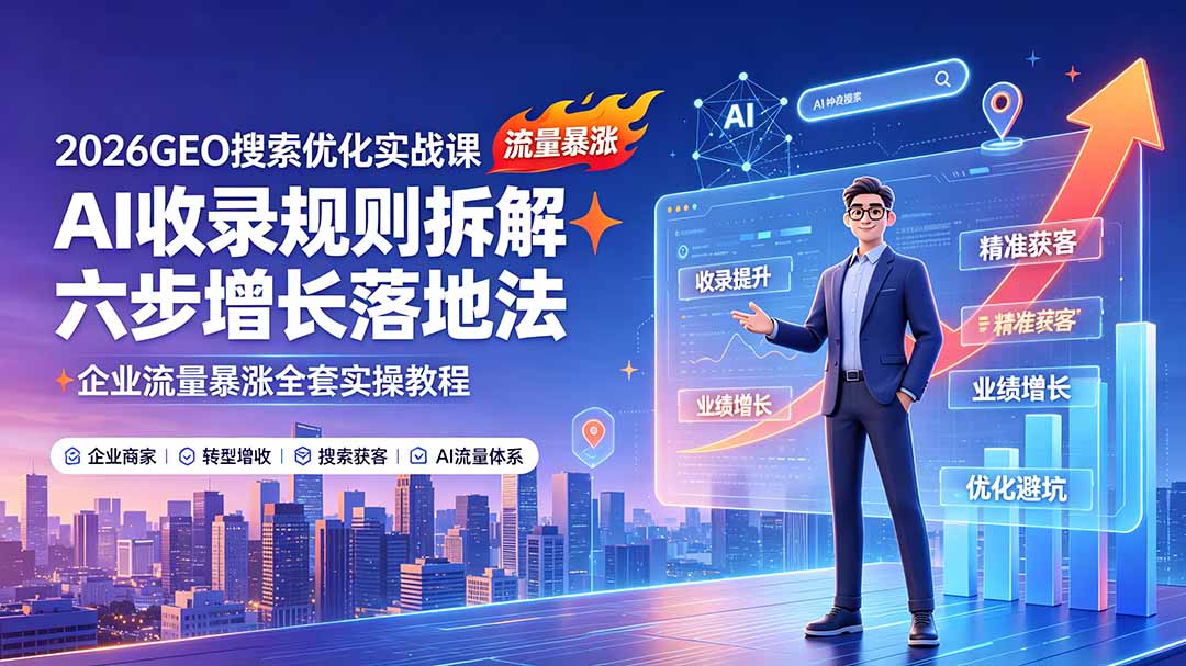 2026GEO搜索优化实战课：AI收录规则拆解｜六步增长落地法｜企业流量暴涨全套实操教程-休闲学社