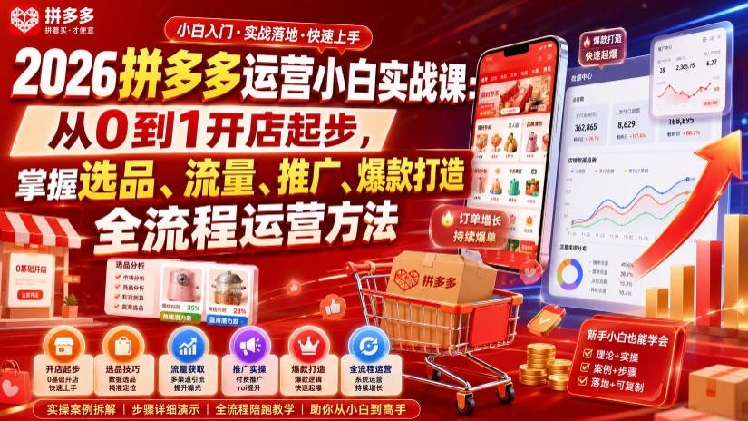 2026拼多多运营课：从0到1开店，掌握选品流量推广爆款全流程