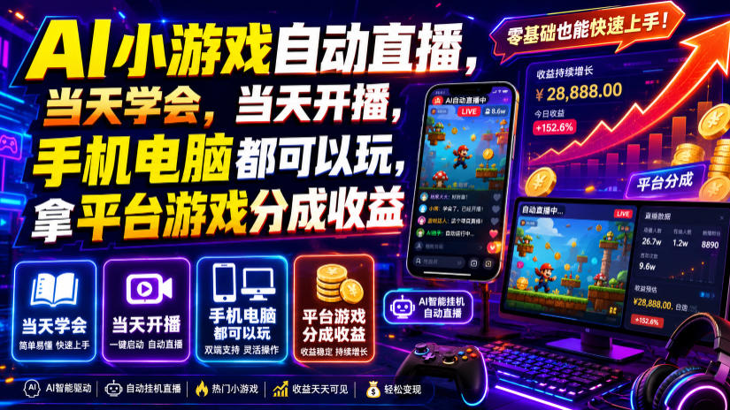AI小游戏自动直播，当天学会，当天开播，手机电脑都可以玩，拿平台游戏分成收益-休闲学社