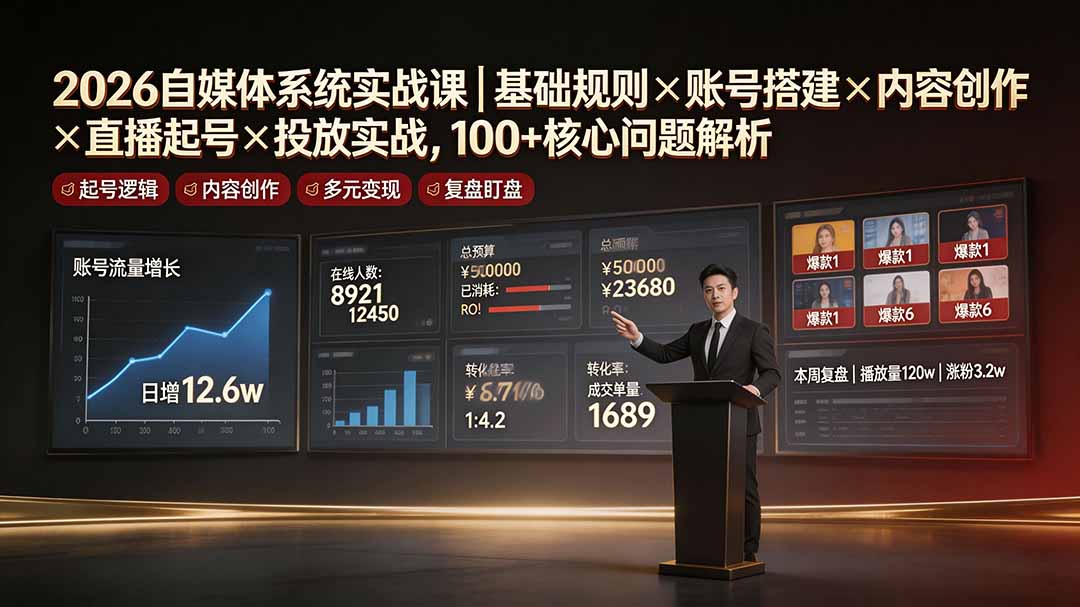 2026自媒体系统课｜基础规则×账号搭建×内容创作×直播起号×投放实战