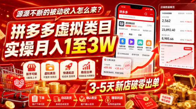 源源不断的被动收入怎么来？拼多多虚拟类目实操月入1至3W，3-5天新店破零出单-休闲学社