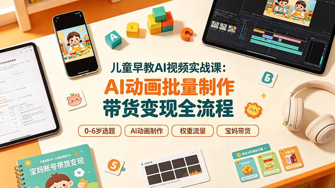 儿童早教AI视频实战课：0-6岁认知选题｜AI动画批量制作｜权重流量拉升｜宝妈账号带货变现全流程-休闲学社