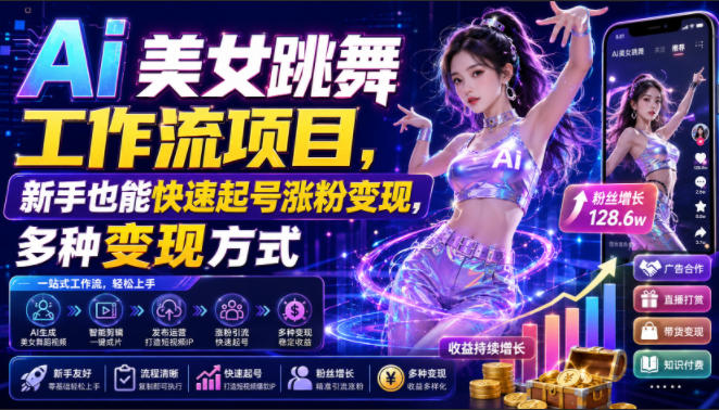 Ai美女跳舞工作流项目，新手也能快速起号涨粉变现，多种变现方式-休闲学社