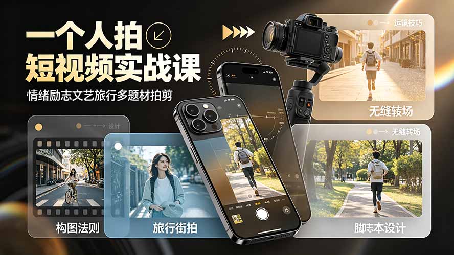 一个人拍短视频实战课：情绪励志文艺旅行多题材×五大景别×黄金构图×八大运镜，从拍摄到成片高效创作-休闲学社