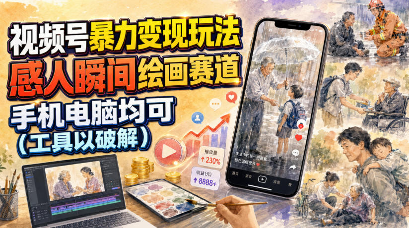 视频号感人瞬间绘画变现，手机电脑均可操作