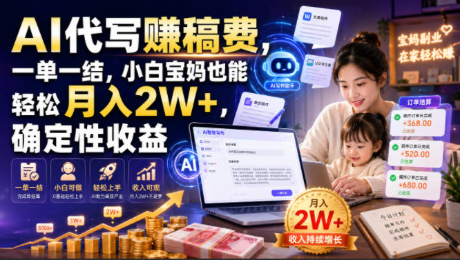 AI代写月入2W+：宝妈零门槛副业，一单一结确定性收益