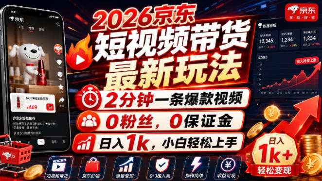 2026京东短视频带货：2分钟一条爆款，0粉丝0保证金，日入1k