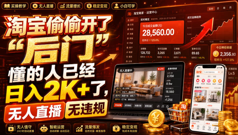 淘宝无人直播日入2K+，官方许可无违规，一台电脑=24小时线上门店