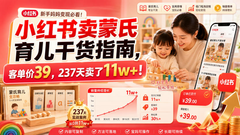 小红书卖蒙氏育儿干货指南，39元客单价，237天创收11w+