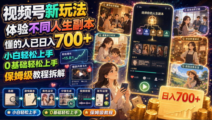 视频号新玩法：沉浸式人生副本，日入700+，0基础保姆级教程
