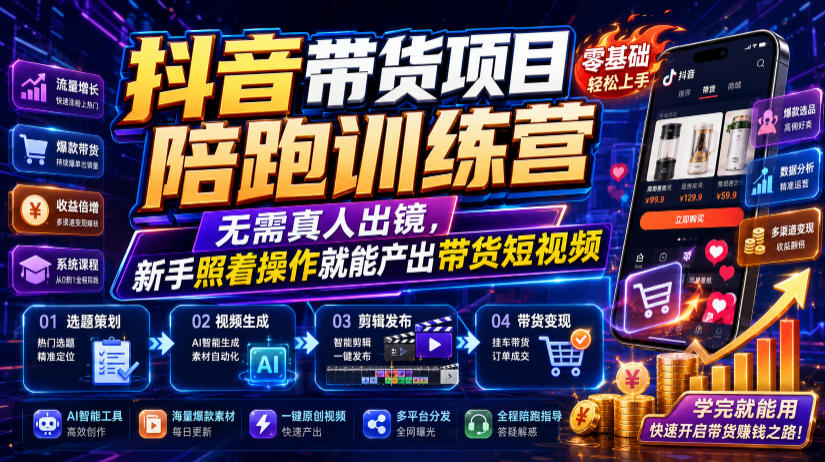 抖音带货项目陪跑训练营，无需真人出镜，新手照着操作就能产出带货短视频-休闲学社