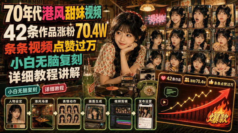 70年代港风甜妹视频，42条作品涨粉70.4W，小白无脑复刻教程