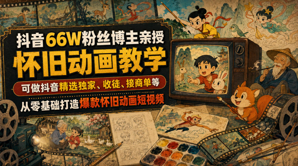 抖音66W粉丝博主亲授怀旧动画教学，可做抖音精选独家、收徒、接商单等，从零基础打造爆款怀旧动画短视频-休闲学社