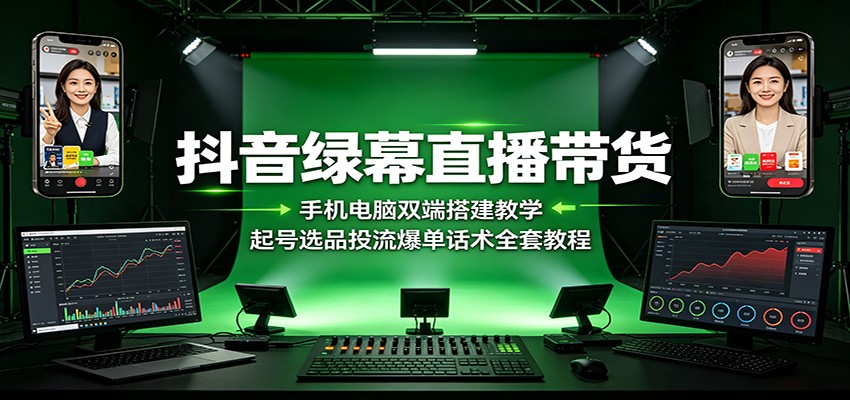 抖音绿幕直播带货：手机电脑双端搭建教学，起号选品投流爆单话术全套教程-休闲学社