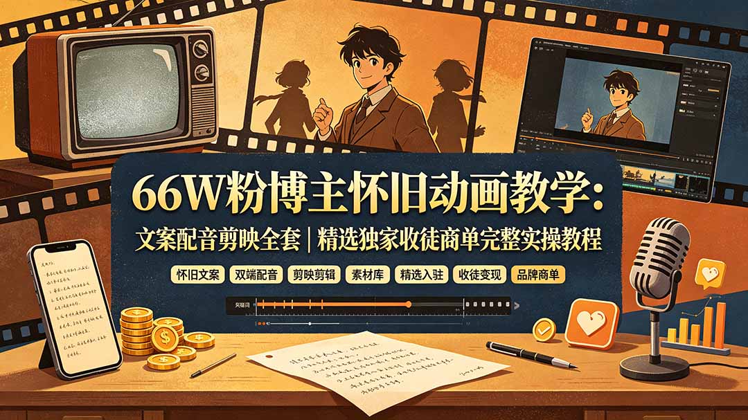 66W粉博主怀旧动画教学：文案配音剪映全套｜精选独家收徒商单完整实操教程-休闲学社