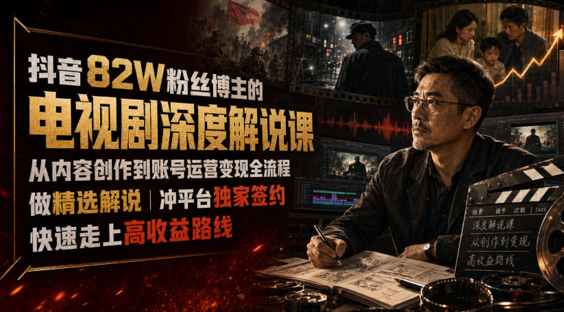 抖音82W粉丝博主的电视剧深度解说课，从内容创作到账号运营变现全流程，做精选解说，冲平台独家签约，快速走上高收益路线-休闲学社