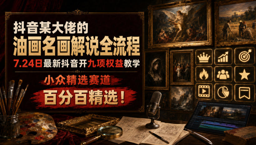 抖音某大佬的油画名画解说全流程，7.24日最新抖音开九项权益教学，小众精选赛道，百分百精选！-休闲学社