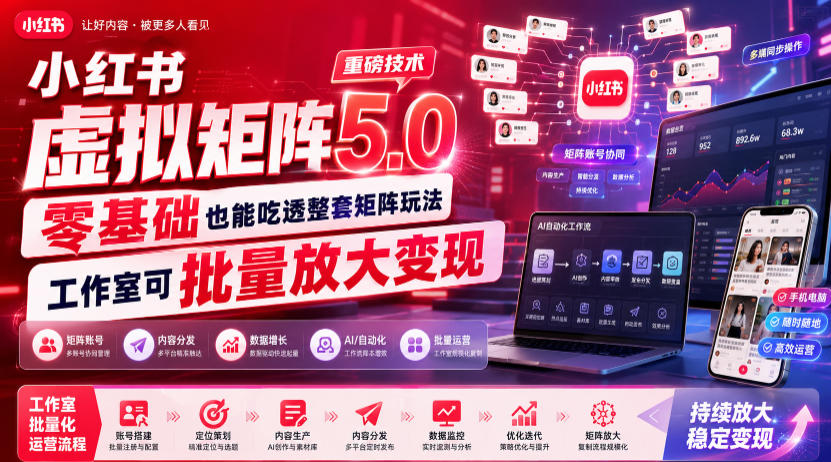 小红书虚拟矩阵5.0重磅技术，零基础也能吃透整套矩阵玩法，工作室可批量放大变现-休闲学社