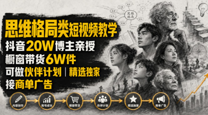 人性思维格局类短视频教学，抖音20W博主亲授，橱窗带货6W件，可做伙伴计划、精选独家、接商单广告-休闲学社