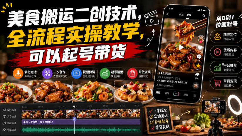 美食搬运二创技术，全流程实操教学，可以起号带货-休闲学社