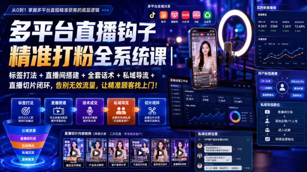 多平台直播钩子精准打粉全系统课｜标签打法+直播间搭建+全套话术+私域导流+直播切片闭环，告别无效流量，让精准顾客找上门！-休闲学社