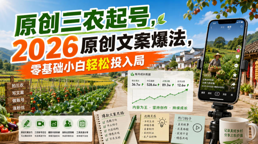 原创三农起号，2026原创文案爆法，零基础小白轻松投入局-休闲学社
