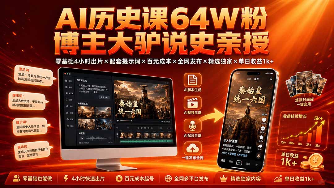 AI历史课64W粉博主大驴说史亲授：零基础4小时出片×配套提示词×百元成本×全网发布×精选独家×单日收益1k+-休闲学社