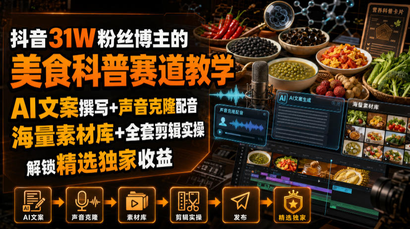 抖音31W粉丝博主的美食科普赛道教学，AI文案撰写+声音克隆配音+剪辑实操，解锁精选独家收益-休闲学社