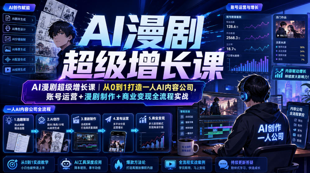 AI漫剧超级增长课｜从0到1打造一人AI内容公司，账号运营+漫剧制作+商业变现全流程实战-休闲学社