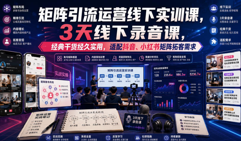 嗨推矩阵引流运营线下实训课，3天线下录音课，经典干货经久实用，适配抖音、小红书矩阵拓客需求-休闲学社