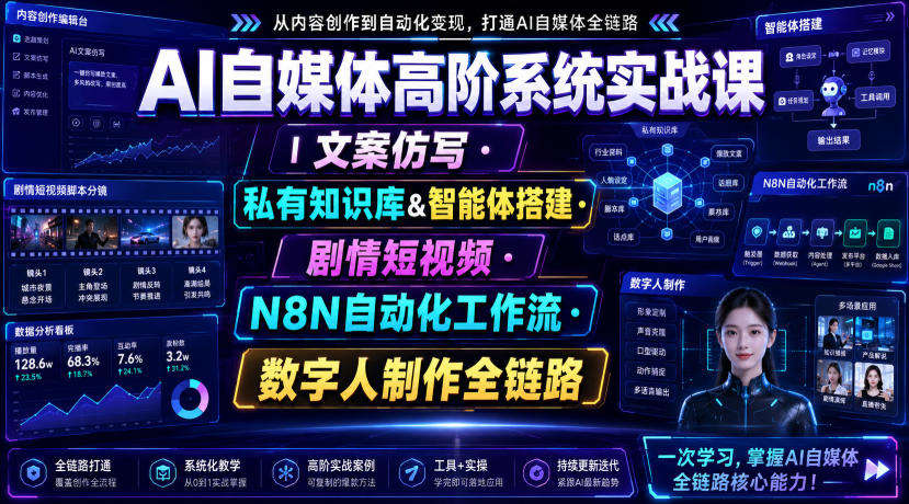 AI自媒体高阶系统实战课｜文案仿写・私有知识库&智能体搭建・剧情短视频・N8N自动化工作流・数字人制作全链路-休闲学社