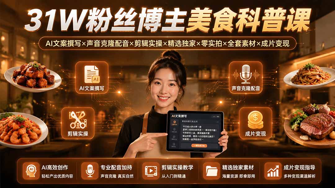31W粉丝博主美食科普课：AI文案撰写×声音克隆配音×剪辑实操×精选独家×零实拍×全套素材×成片变现-休闲学社