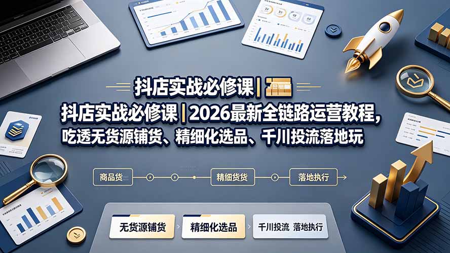 抖店实战必修课｜2026最新全链路运营教程，吃透无货源铺货、精细化选品、千川投流落地玩法-休闲学社