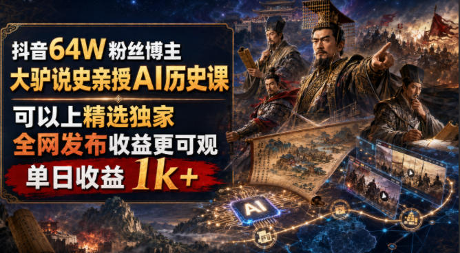 抖音64W粉丝博主大驴说史亲授AI历史课，可以上精选独家，全网发布收益更可观，单日收益1k+-休闲学社