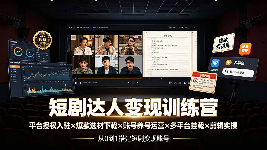短剧达人变现训练营：平台授权入驻×爆款选材下载×账号养号运营×多平台挂载×剪辑实操×违规处理全流程-休闲学社