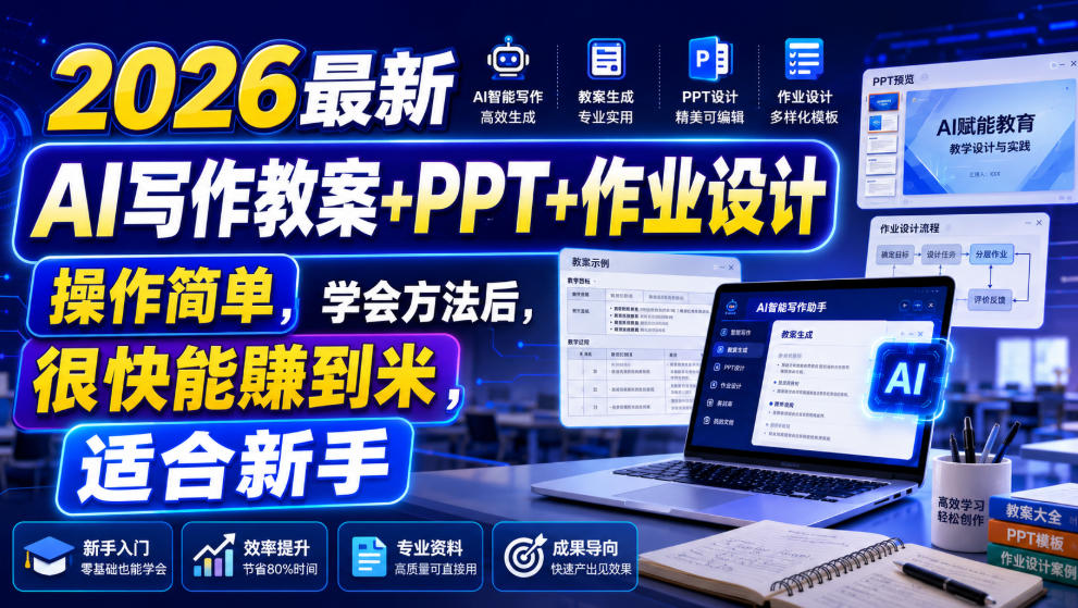 2026最新AI写作教案+PPT+作业设计，操作简单，学会方法后，很快能賺到米，适合新手-休闲学社