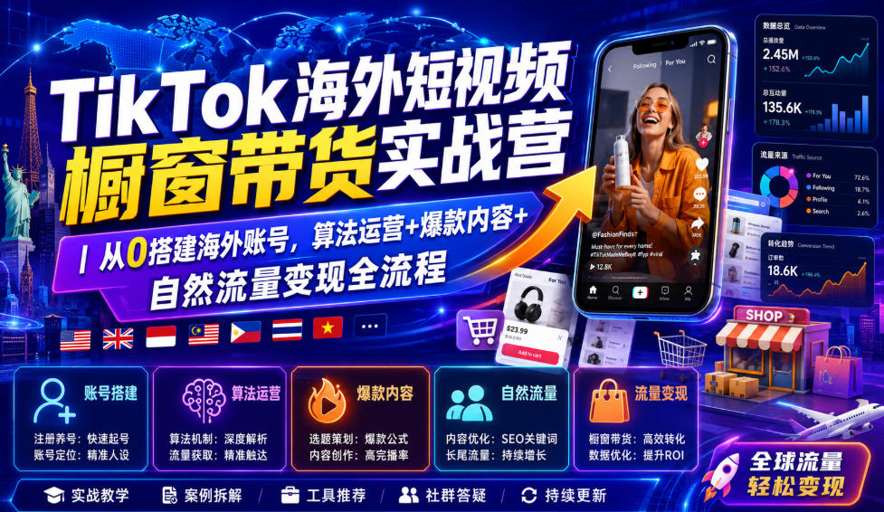 TikTok海外短视频橱窗带货实战营｜从0搭建海外账号，算法运营+爆款内容+自然流量变现全流程-休闲学社